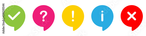 Information speech bubbles icon set. Check mark, question, attention, information, x letter. Quiz