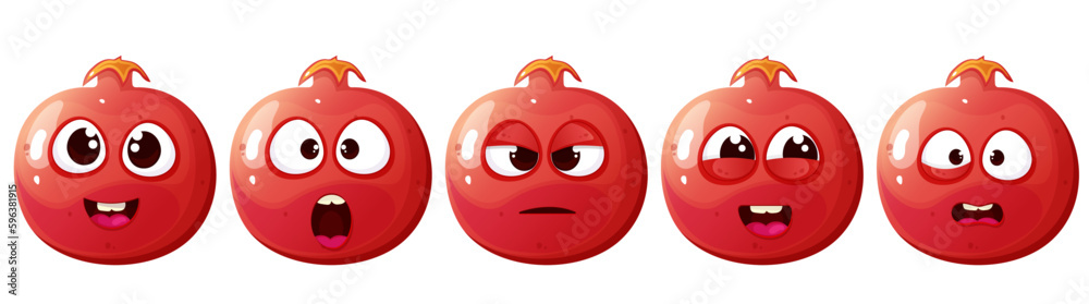 Funny cute pomegranate character set with different emotion face.