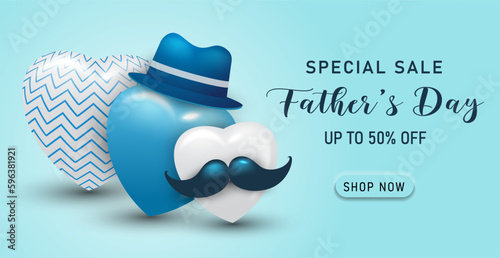 Happy Father's Day banner template with blue color and minimalist heart design. , Father's day special sale illustration.