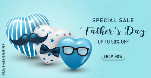 Happy Father's Day banner template with blue color and minimalist heart design. , Father's day special sale illustration.