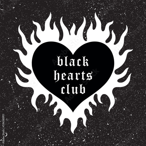 Tattoo art heart on fire on a black grunge background with worn texture. Stylish gothic poster in y2k style with lettering Black hearts club