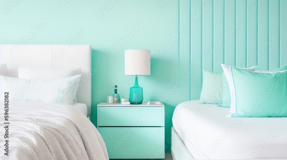 Fototapeta premium White modern mid-century bedside table, bed, embroidered pillowcase in sunlight on turquoise blue pastel green wall bedroom.