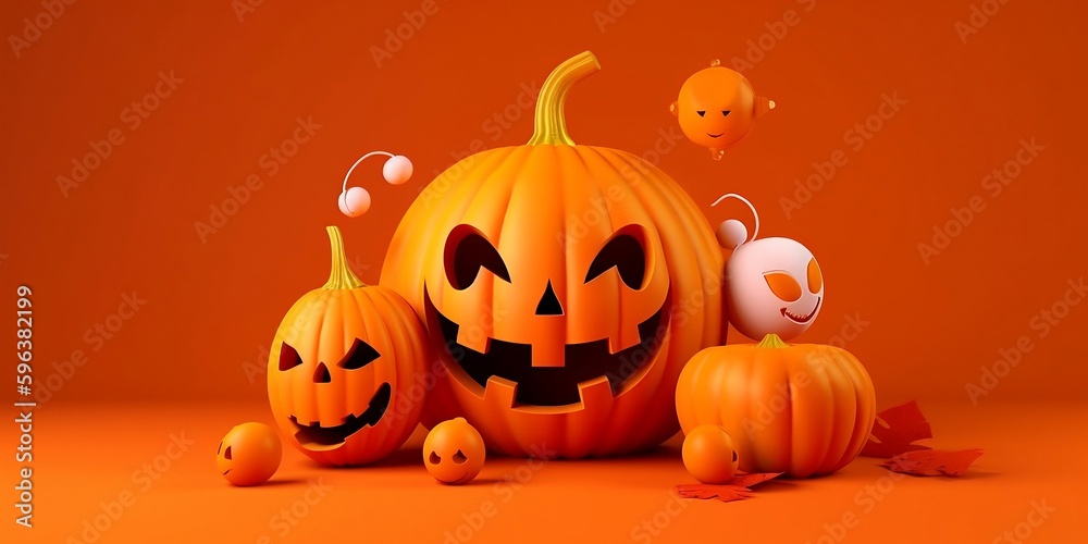 Real Jack O Lantern for halloween on orange background - generative ai Real Jack O Lantern for halloween on orange background - generative ai