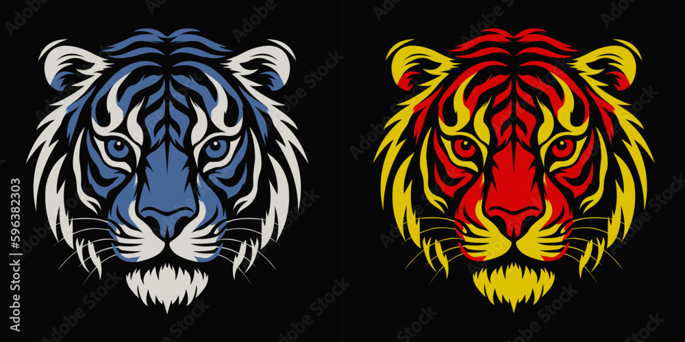 Fototapeta premium tiger head mascot logo vector set. Tiger logo in blue and red on a black background.