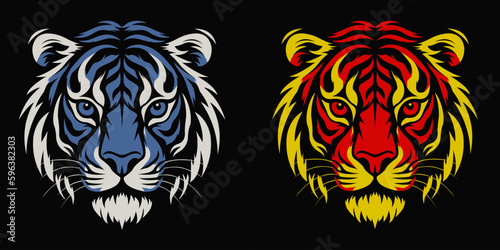 tiger head mascot logo vector set. Tiger logo in blue and red on a black background.