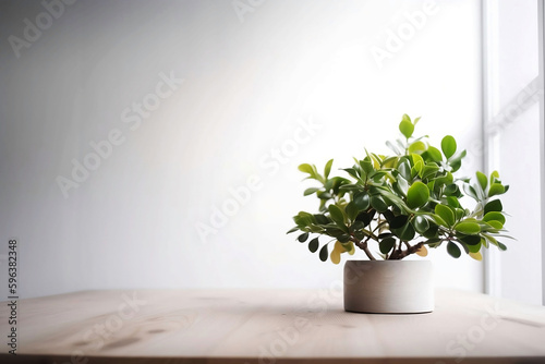 Wallpaper Mural Modern Interior Design Concept with White Wall Background. Tabletop for your product with Tree Pot and Beautiful Plants as Decoration in Room Torontodigital.ca