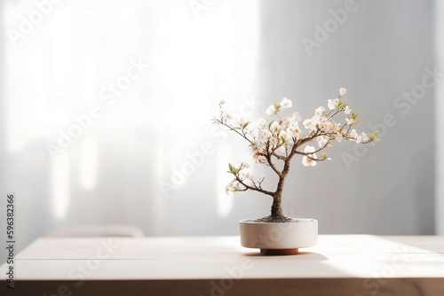 Modern Interior Design Concept with White Wall Background. Tabletop for your product with Tree Pot and Beautiful Plants as Decoration in Room