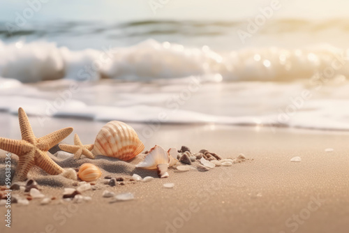 Starfish and seashells on tropical beach background. Summer vacation and nature concept. Generative ai. © tonktiti