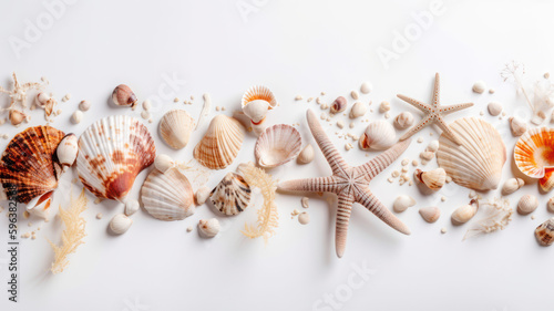 Seashell and starfish collage on white background
