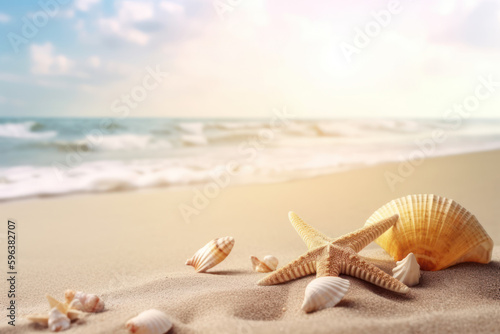 Starfish and seashells on tropical beach background. Summer vacation and nature concept. Generative ai.