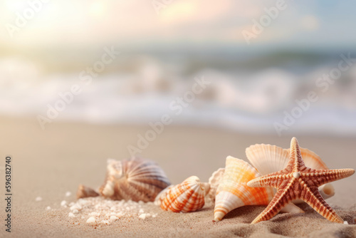 Starfish and seashells on tropical beach background. Summer vacation and nature concept. Generative ai.