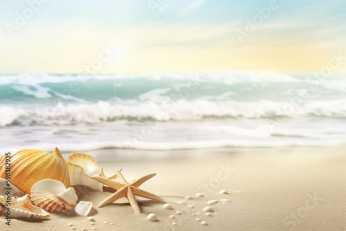 Starfish and seashells on tropical beach background. Summer vacation and nature concept. Generative ai.