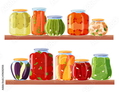 Canned foods in glass jars on wooden shelves. Long-term food storage. Vector illustration