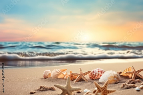 Starfish and seashells on tropical beach background. Summer vacation and nature concept. Generative ai.