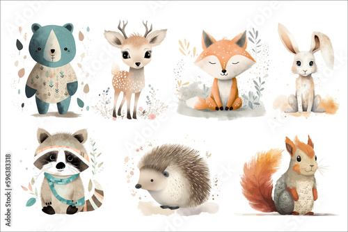 Safari Animal set bear, raccoon, fox, hare, squirrel, hedgehog and deer in 3d style. Isolated. Generative AI