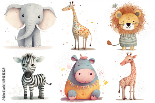 Safari Animal set hippo, lion, giraffe, elephant, zebra in 3d style. Isolated. Generative AI