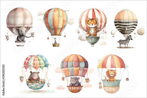 Safari Animal set hippo, lion, giraffe, elephant, zebra and tiger in hot air balloon in 3d style. Isolated . Generative AI