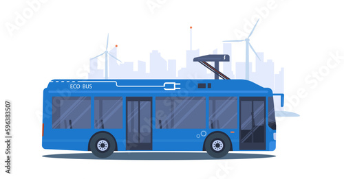 Electric city bus charging from a charging station against the backdrop of an abstract cityscape. Vector illustration.