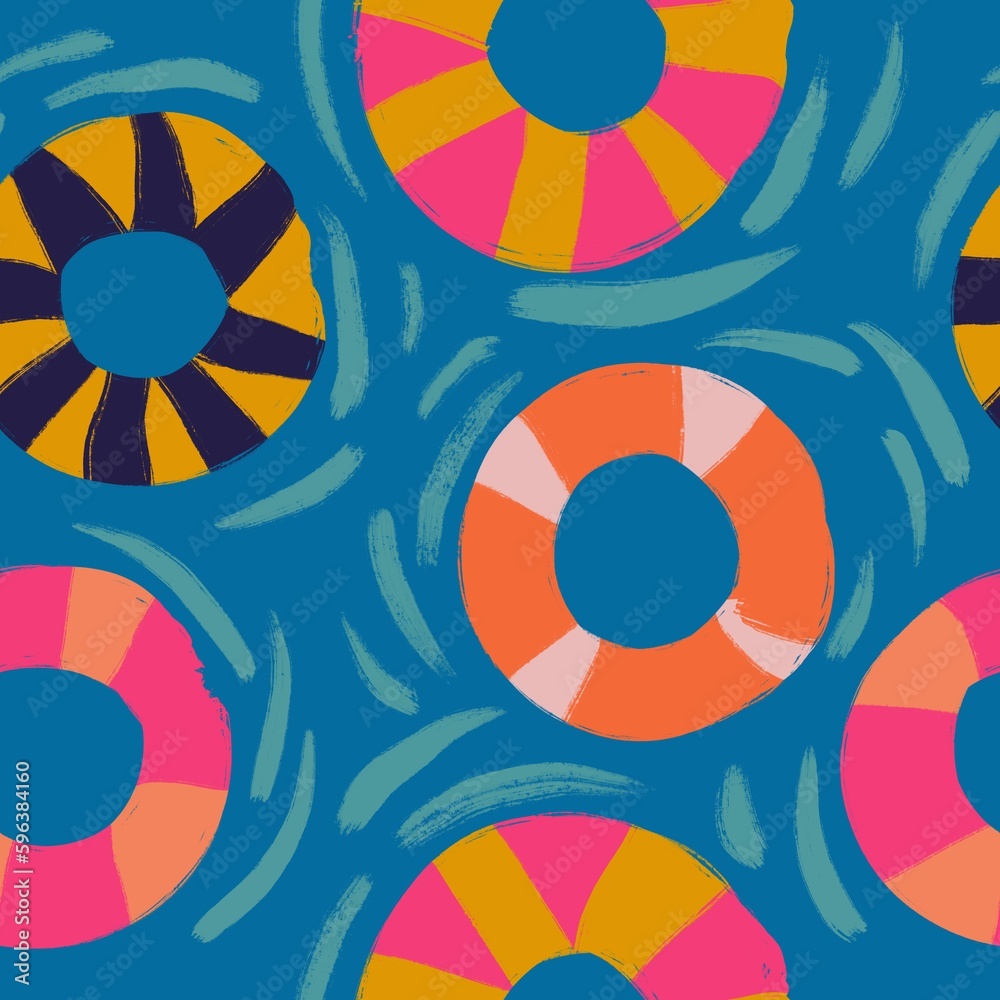 Obraz premium Hand drawn seamless pattern with pink yellow orange swimming rubber rings on blue water background. Float pool equipment lifebuoy lifesaver for children kids, bright vacation travel print sea ocean