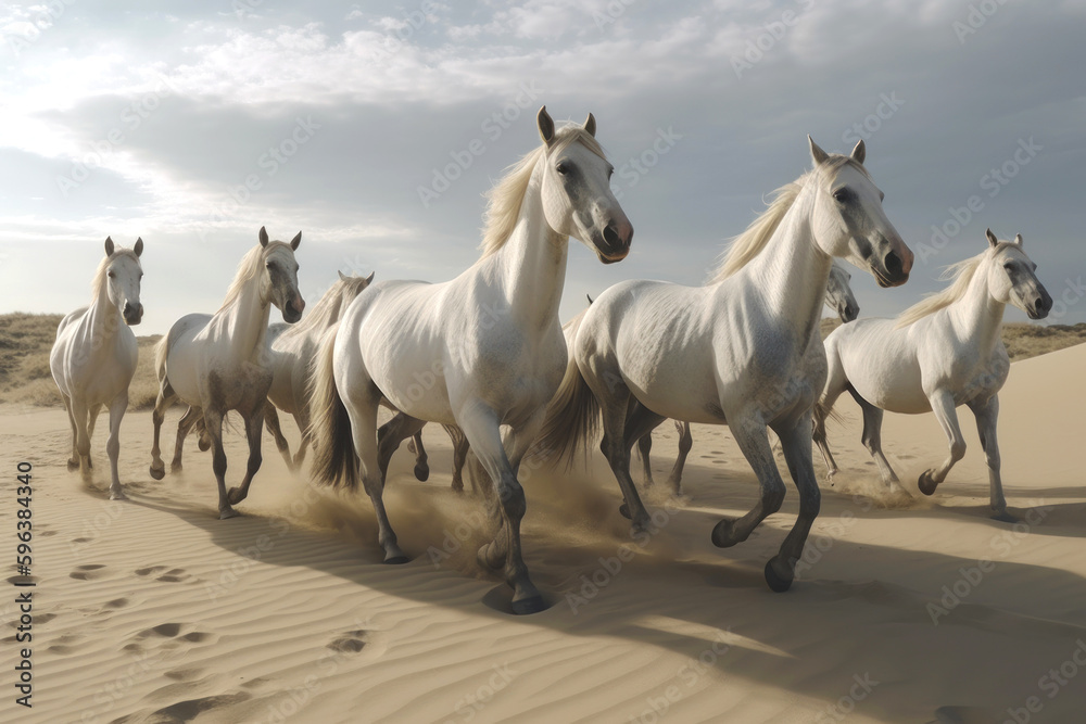 Herd of free wild white horses running on loose sand in the desert against a cloudy overcast sky. Generative AI. Herd of free wild white horses running on loose sand in the desert against a cloudy overcast sky. Generative AI.