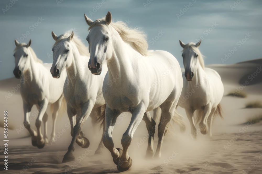 Small herd of free wild white horses running on loose sand in the desert against a cloudy overcast sky. Generative AI.
