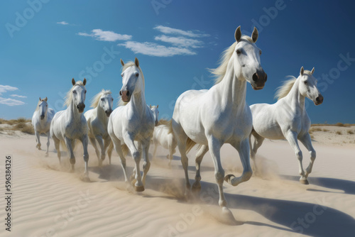 Small herd of free white arabian horses running on loose sand in the desert against a blue sky with little clouds. Generative AI.