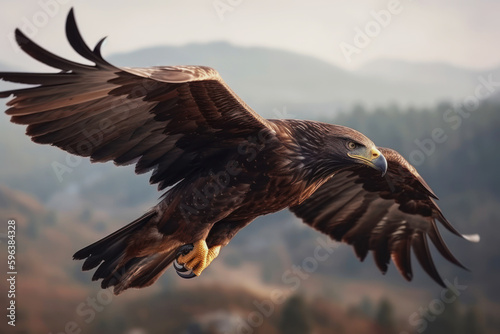 Eagle flying in the sky. The bird flies over a beautiful mountain landscape and forest terrain. Generative AI.