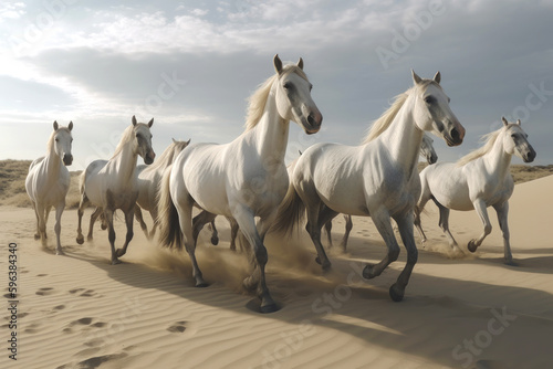 Herd of free wild white horses running on loose sand in the desert against a cloudy overcast sky. Generative AI.
