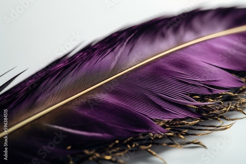 A detailed view of a purple and gold feather design with a black border on a white background. Generative AI