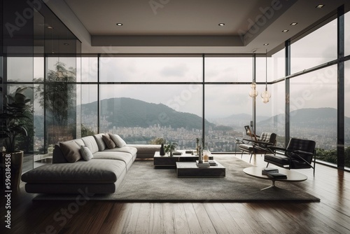 Sleek living room with stunning vista. Generative AI