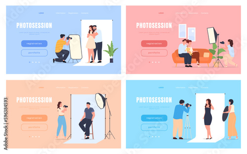 Loading page Photo session in the photo studio. Professional photographers photograph models and ordinary people. Vector illustration