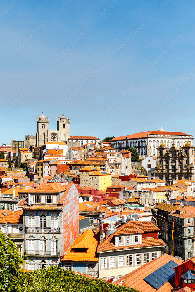 View at the Se cathedral of Porto on top of a hill in the historic center of Porto, Portual, Europe