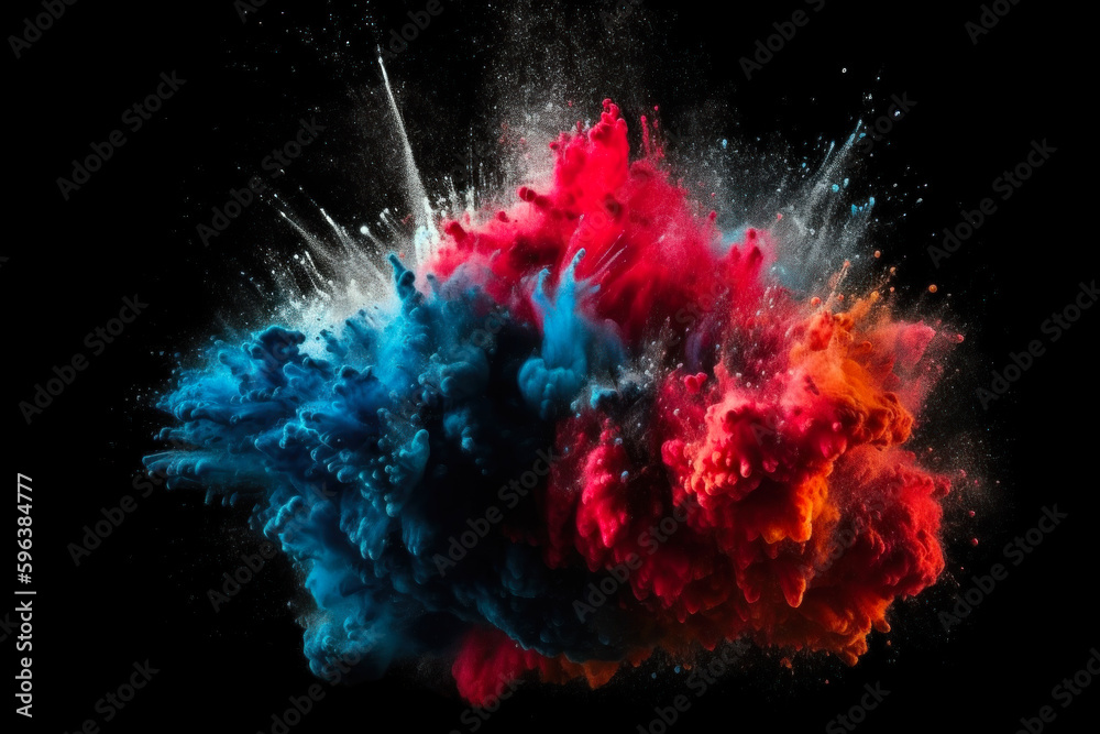 Freeze motion of colored powder explodes on black background. Abstract colorful explosion. Generative AI