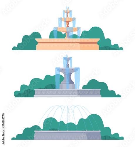 Different types of street fountains. Decoration of the territory. Beautiful park fountains for the city. Vector illustration