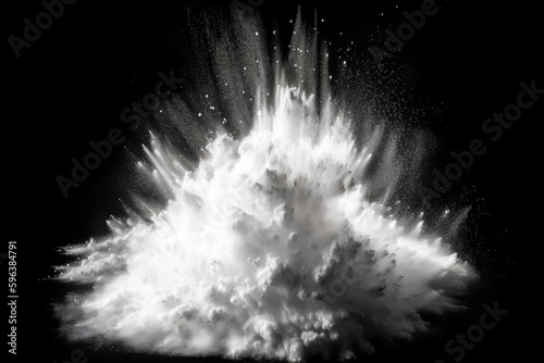 Freeze motion of white powder explodes on black background. Abstract explosion. Generative AI
