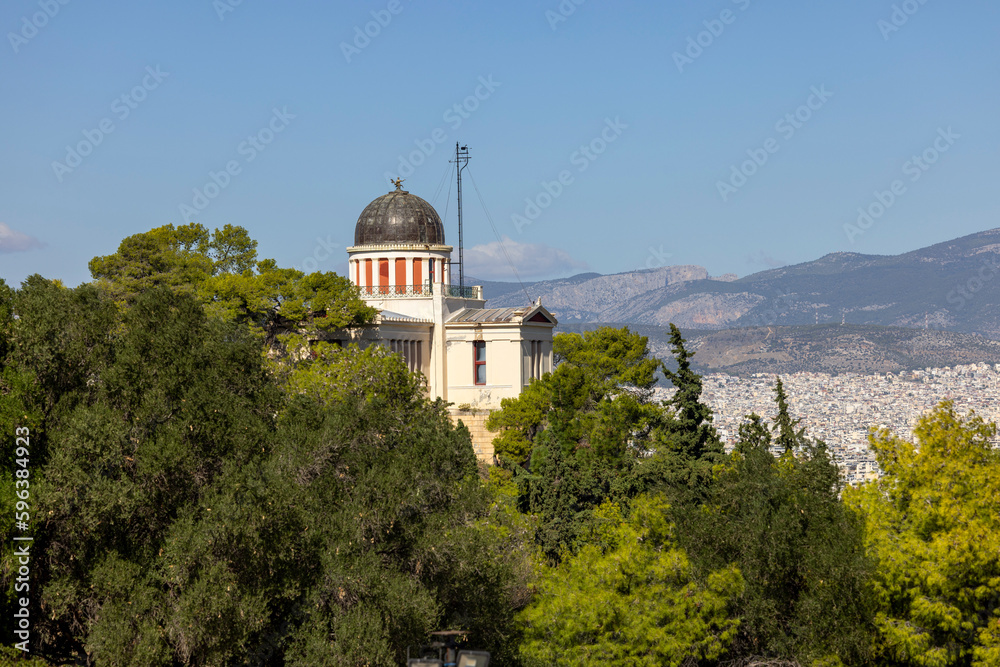 Neoclassical building of National Observatory of Athens on Mouseion Hill, Athens, Greece