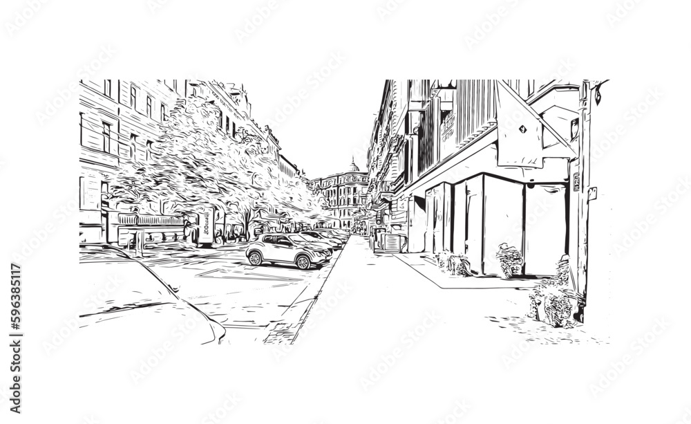 Building view with landmark of Riga is the capital of Latvia. Hand drawn sketch illustration in vector.