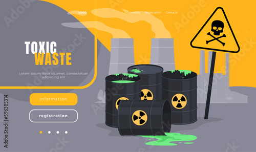 Loading page with radioactive waste in barrels. Industrial environmental pollution with toxic and chemical waste. Vector illustration