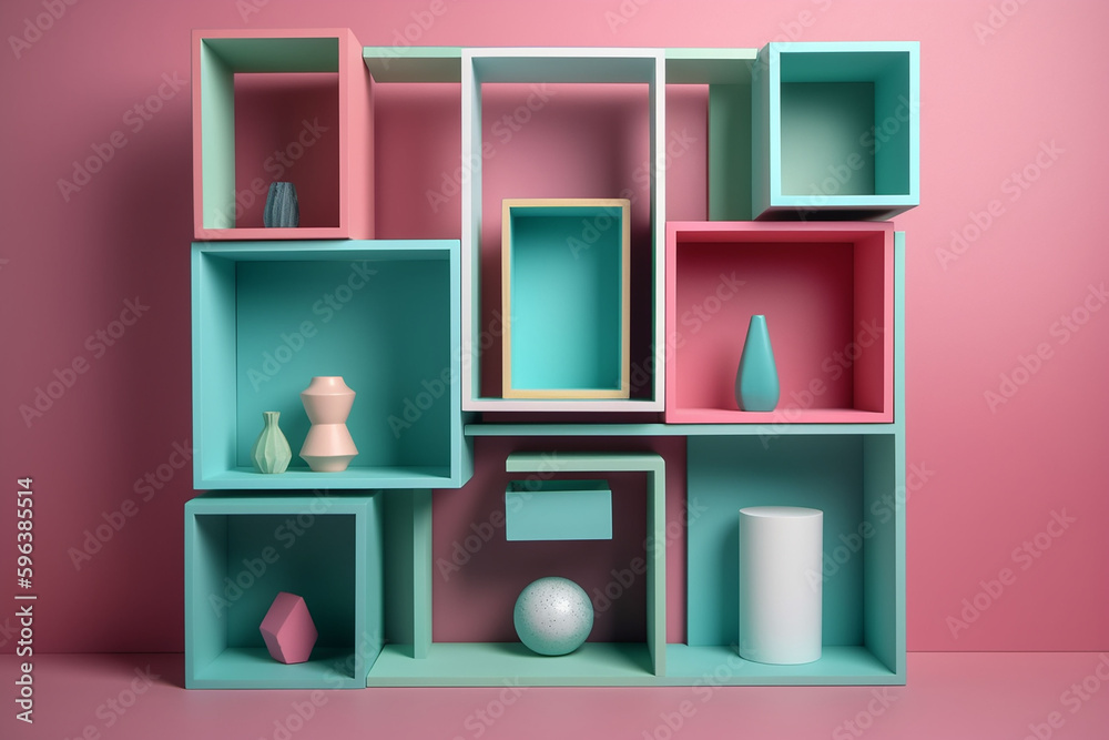 Creative interior. A set of graphic shelves and frames on a pink wall background. Designer solution. Generative AI Creative interior. A set of graphic shelves and frames on a pink wall background. Designer solution. Generative AI