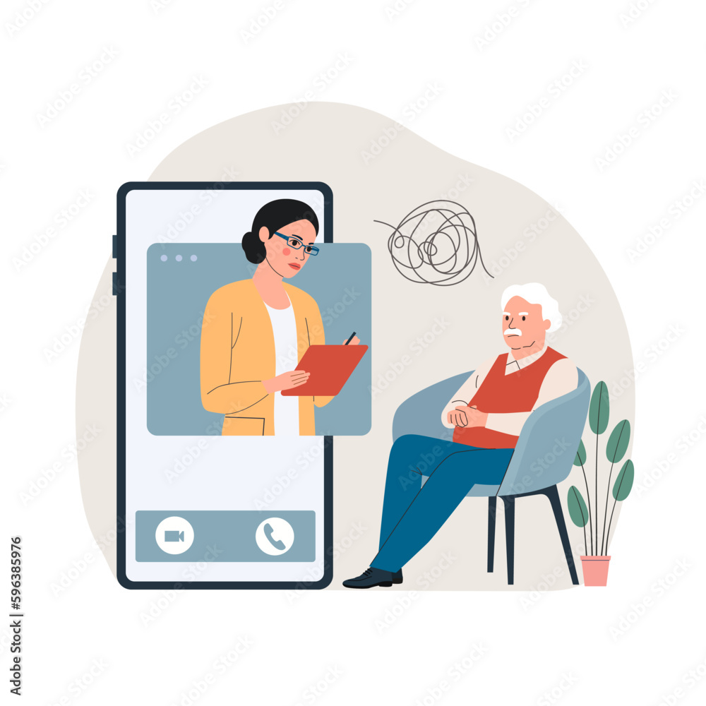 Online psychological help. Sad elderly man talking with psychologist on the chair. Vector flat style illustration