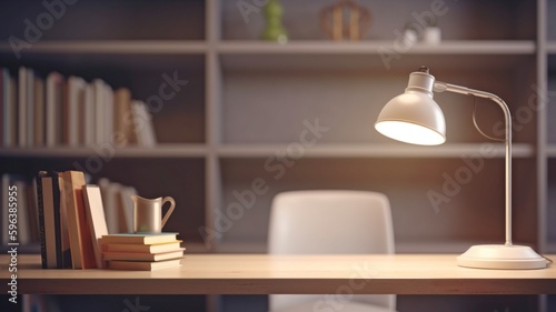 Copy space is empty, and there are books, eyeglasses decor, a plant, and a table lamp in the foreground, with blurred bookcases in the background.The Generative AI © Satawat