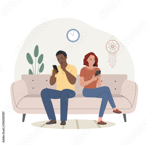 Young woman and man sitting on the sofa with smartphones. Vector flat illustration