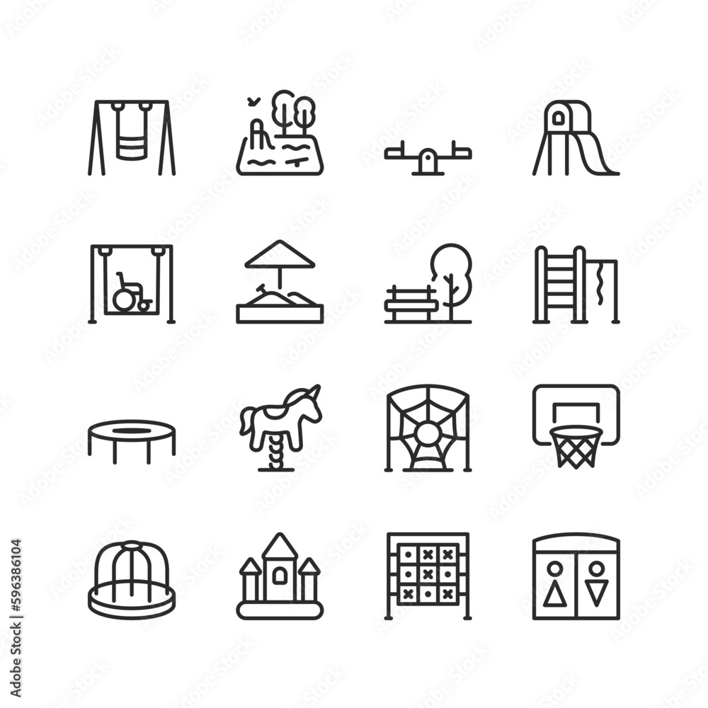 Playground, linear icons set. Place for children to play and develop. Rides and equipment. Park games and activities. Swing, slide, for the disabled, sandbox, park, toilet, etc. Editable stroke width Playground, linear icons set. Place for children to play and develop. Rides and equipment. Park games and activities. Swing, slide, for the disabled, sandbox, park, toilet, etc. Editable stroke width