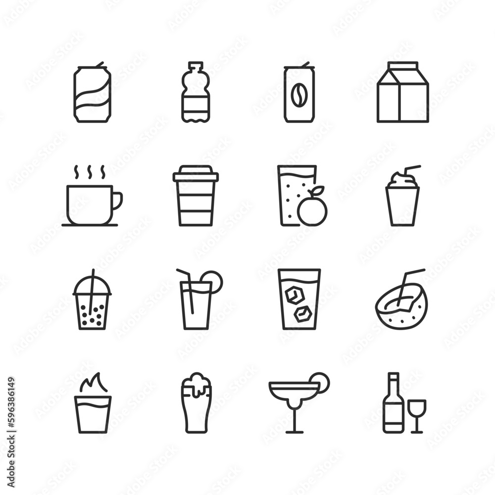 Drinks, linear style icons set. Various liquids in packs and glasses. Health drinks, juice, soda, cocktail, alcohol, smoothies and others. Editable stroke width Drinks, linear style icons set. Various liquids in packs and glasses. Health drinks, juice, soda, cocktail, alcohol, smoothies and others. Editable stroke width