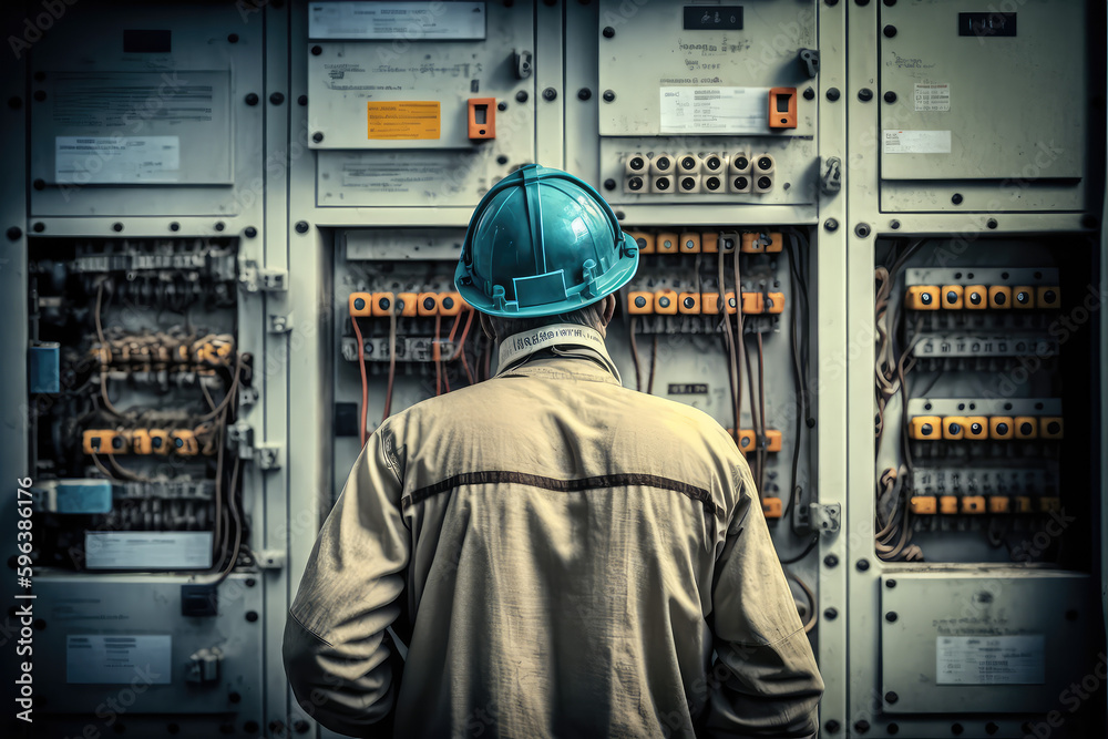 Electrical engineer working front control panel Electrical engineer working front control panel