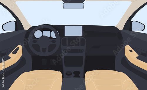 Interior of the car from the middle. Modern comfortable car interior with dashboard and driver seats. Vector illustration
