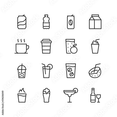 Drinks, linear style icons set. Various liquids in packs and glasses. Health drinks, juice, soda, cocktail, alcohol, smoothies and others. Editable stroke width