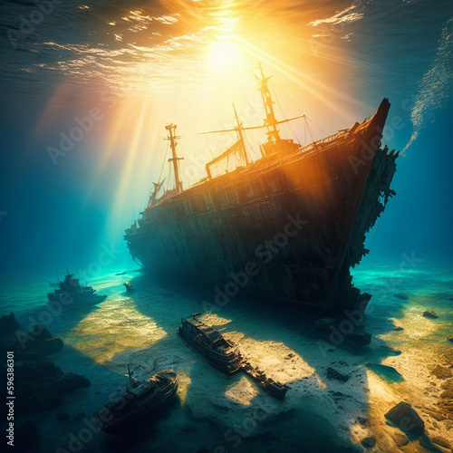 A wide-angle shot of a shipwreck, with the sunlight streaming through the water and illuminating the wreckage.abstract and surreal, with focus on the mystery and beauty of the underwater world. Ai