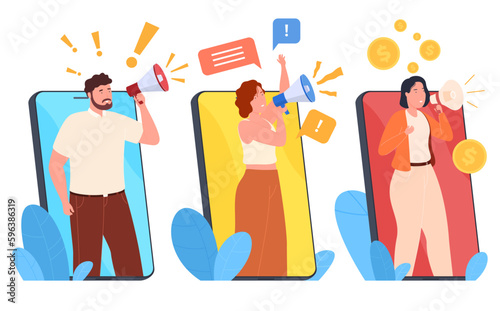 Concept of people with loudspeakers in smartphones. Public relations, public marketing. PR agencies of promotion and popularization. Vector illustration