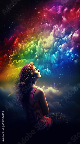 A woman looking up at the colorful rainbow sky, generative ai